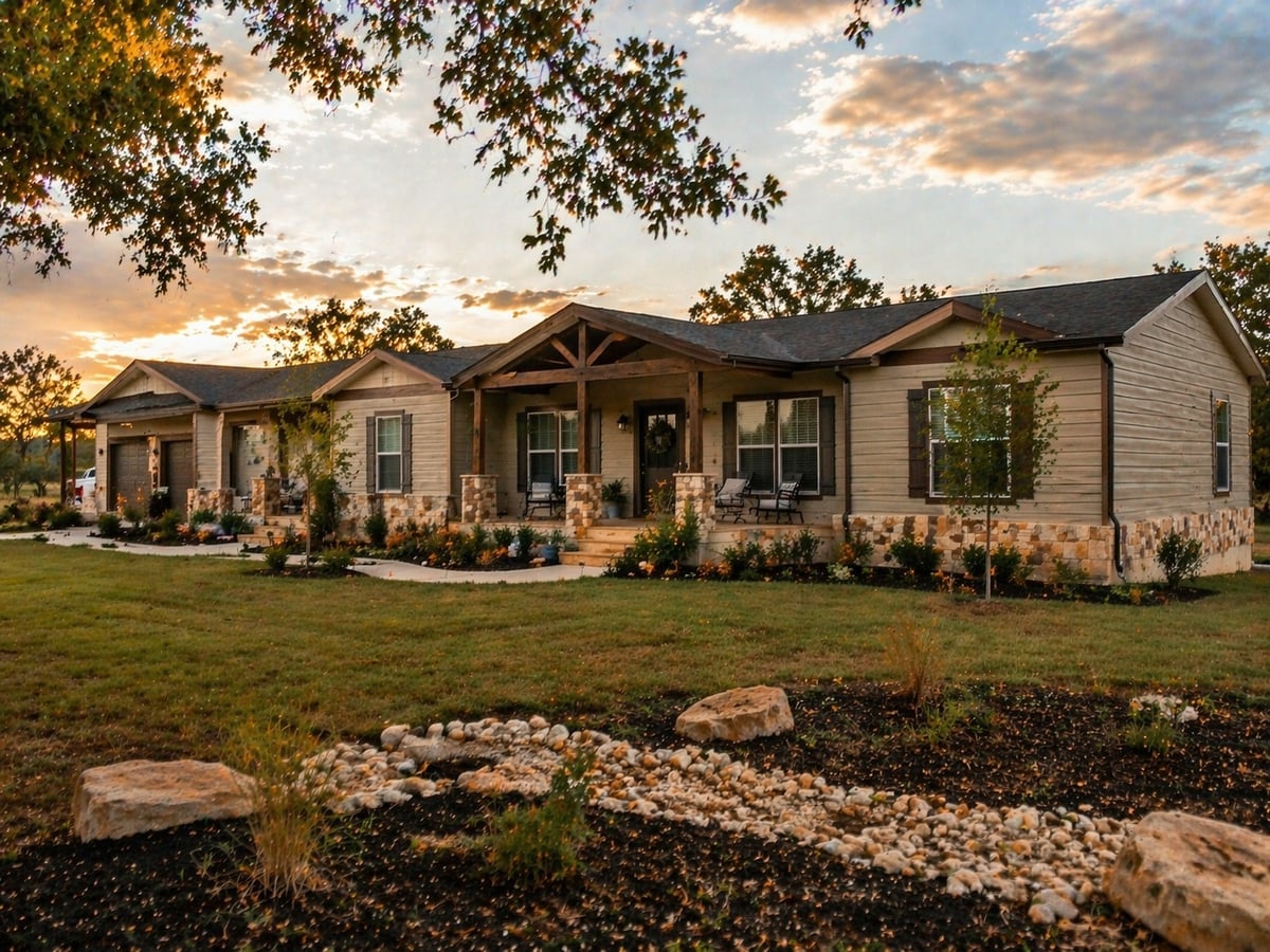 Modular home on permanent foundation with stone skirting and covered porch