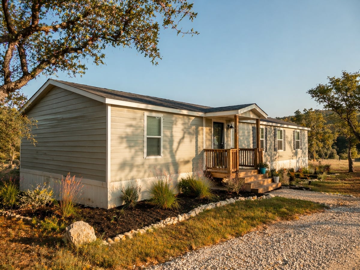 Single-wide manufactured home exterior on a Texas Hill Country property