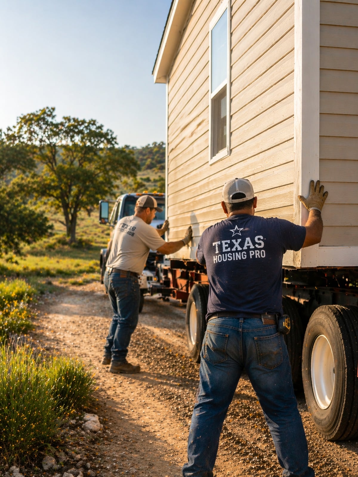 Texas Housing Pro delivery crew setting a new manufactured home on a rural Texas lot